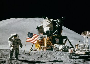 Did the first moon landing happen on the lunar surface or was it filmed in a studio?